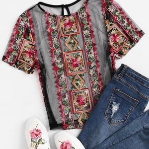 Floral embroidered sheer mesh top
